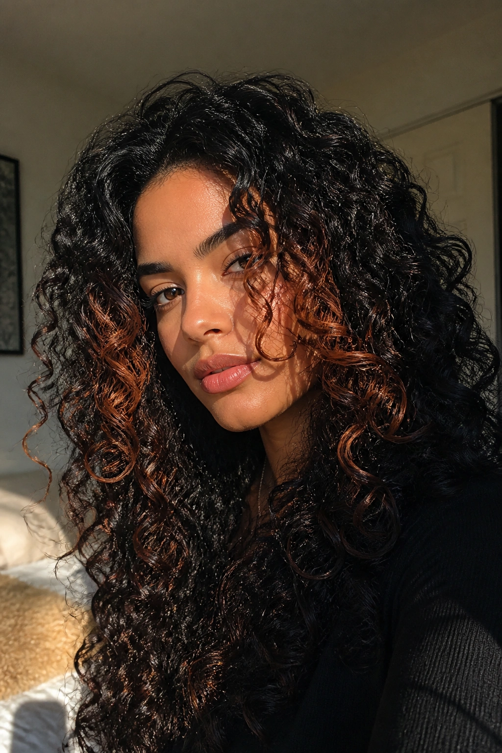 Close-up of a real person's face with copper melt highlights framing the hair on black hair.