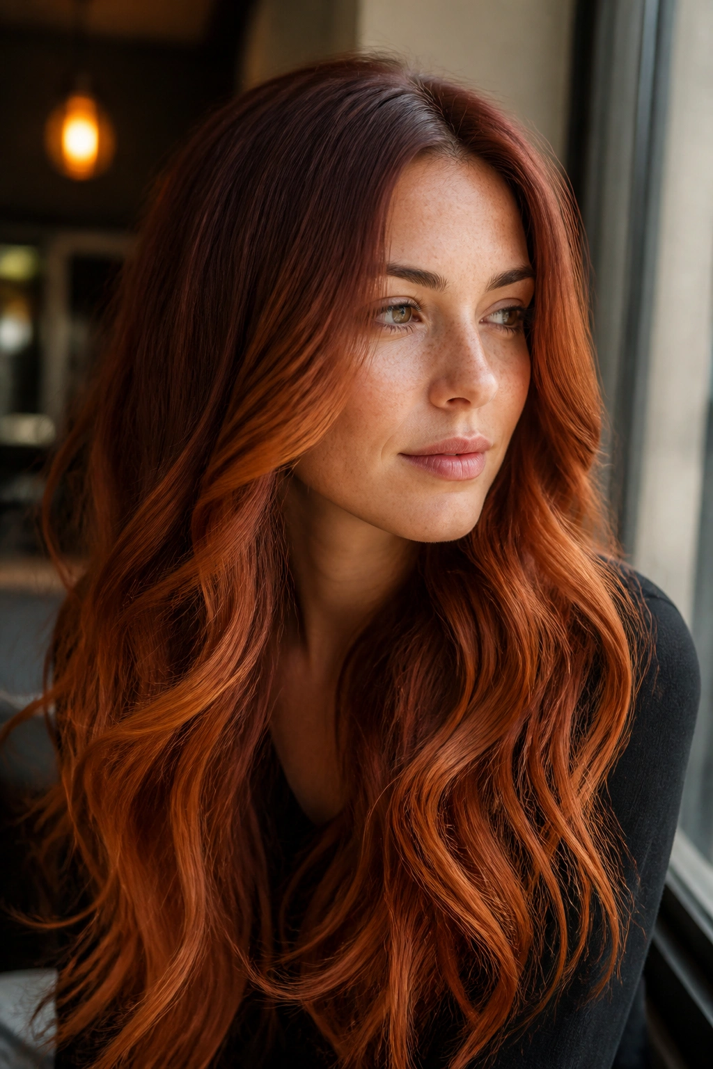 Close-up of a real woman's hair with copper melt gradient from root to ends