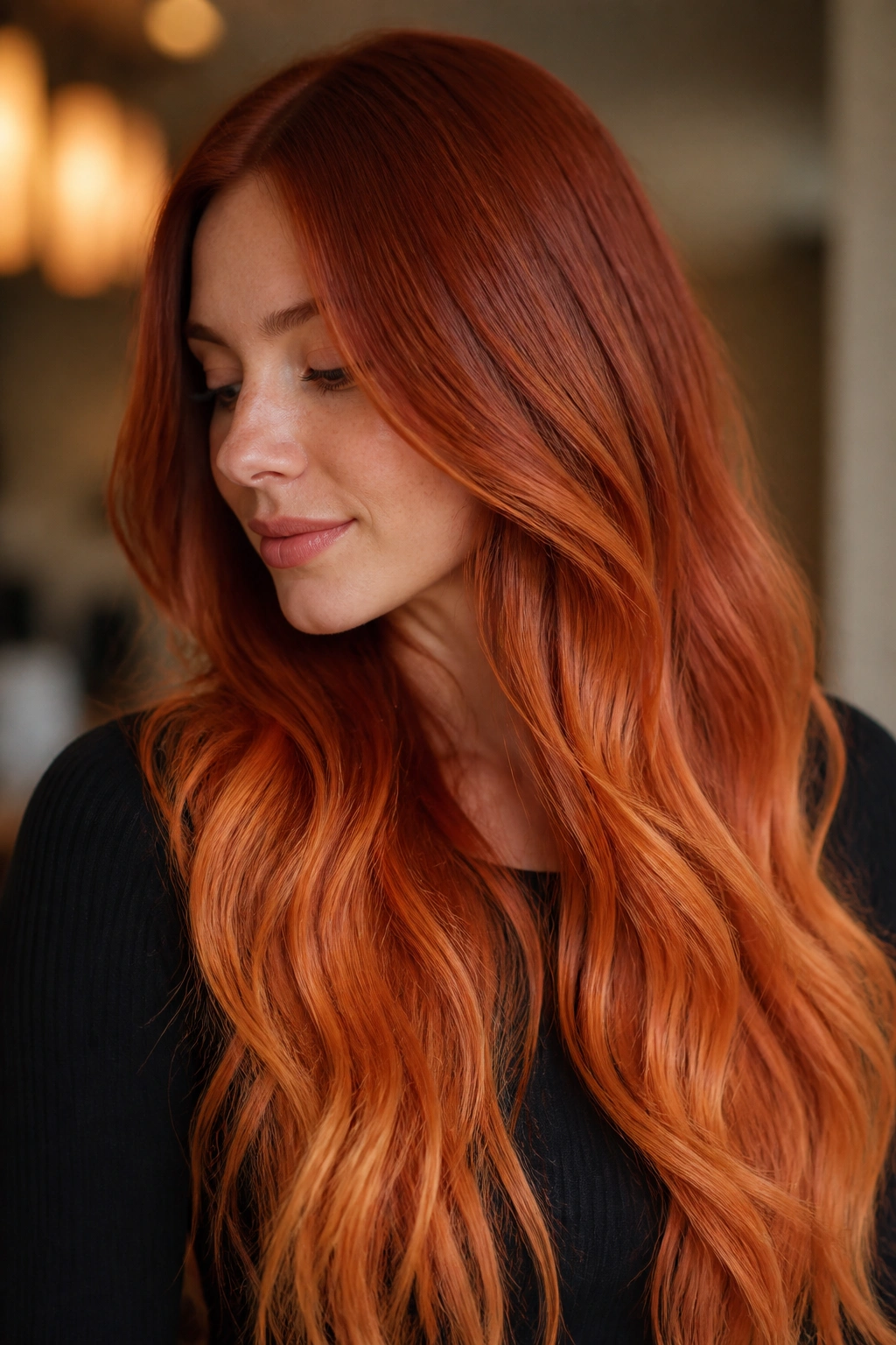 Close-up of long hair with copper melt gradient from root to tip