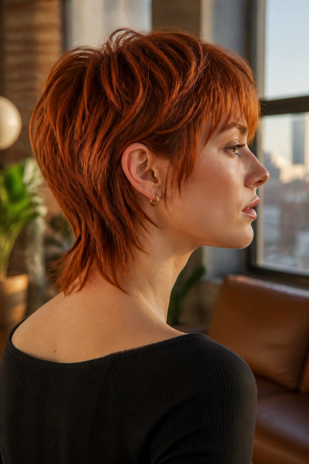 Close-up portrait of a real woman with copper mullet-wolf and tapered nape in warm indoor light