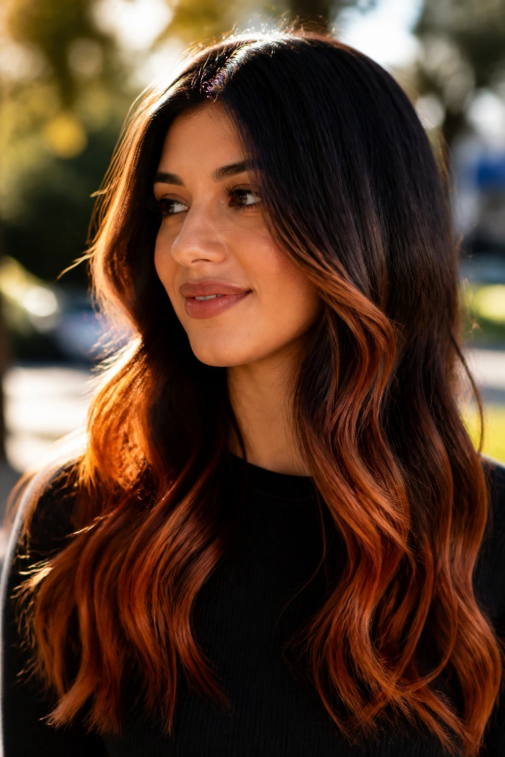 Close-up of a real woman with copper ombré ends in sunlight