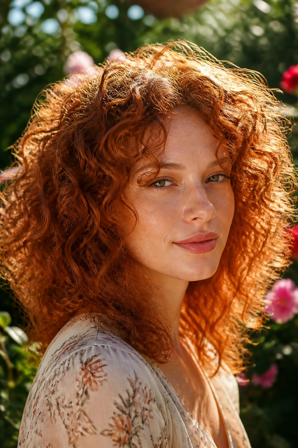 Close-up of a real person with copper-colored curly hair catching light