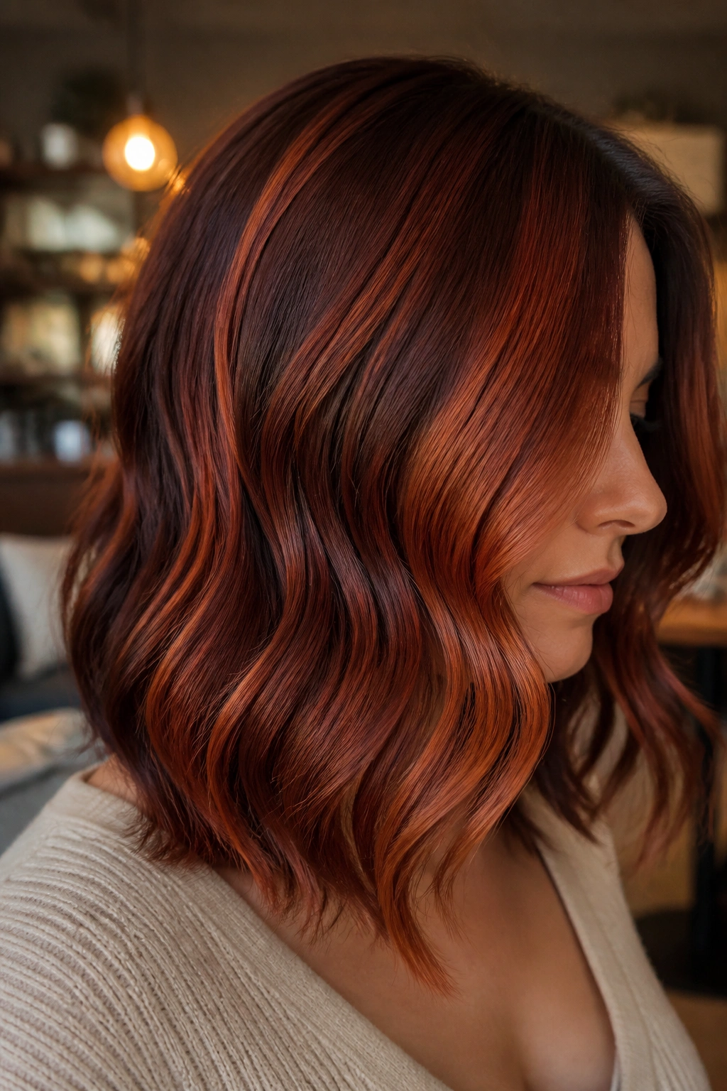 Copper panels highlighted on dark auburn hair