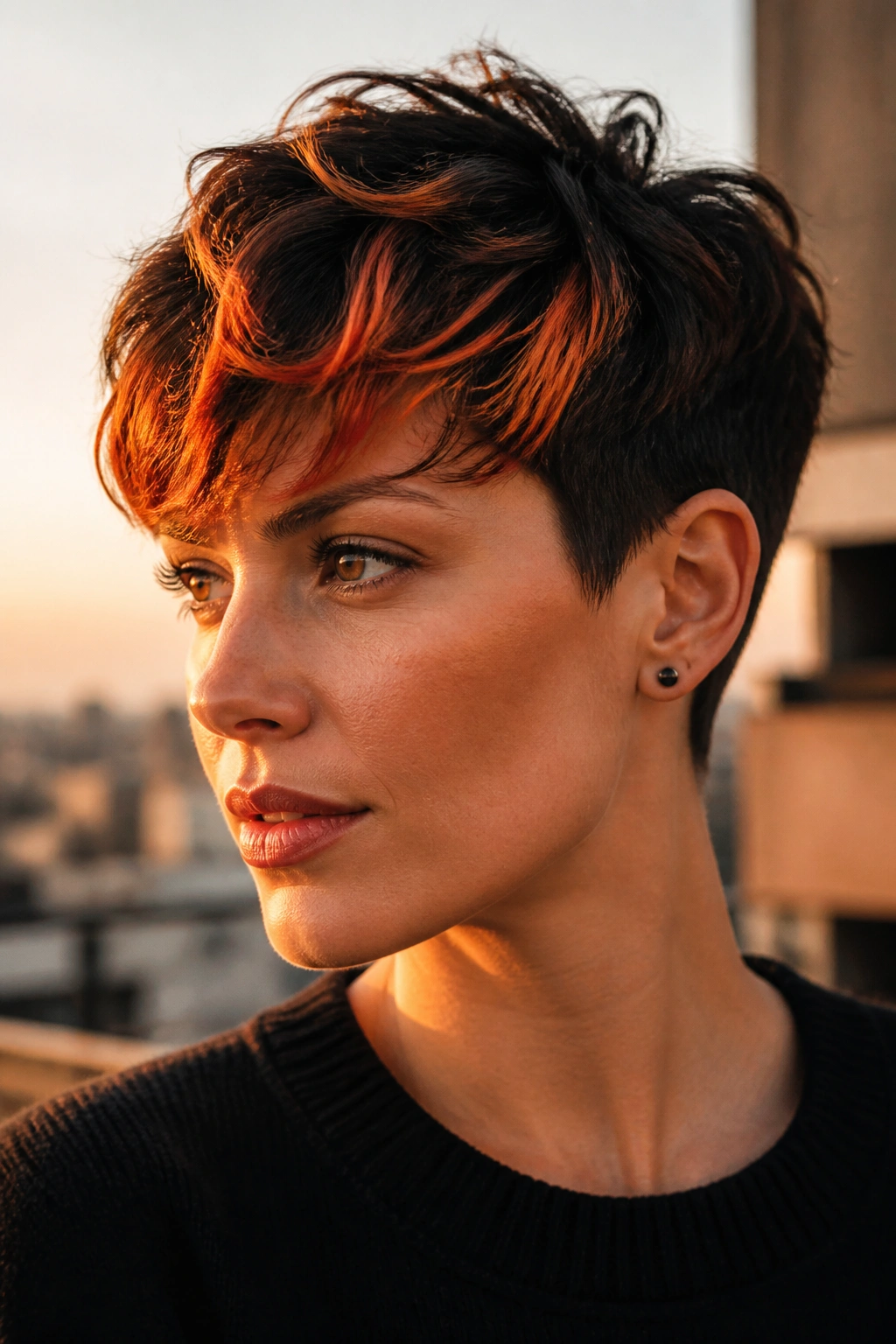 Real person with a textured crop showing copper panels at the top and fringe.