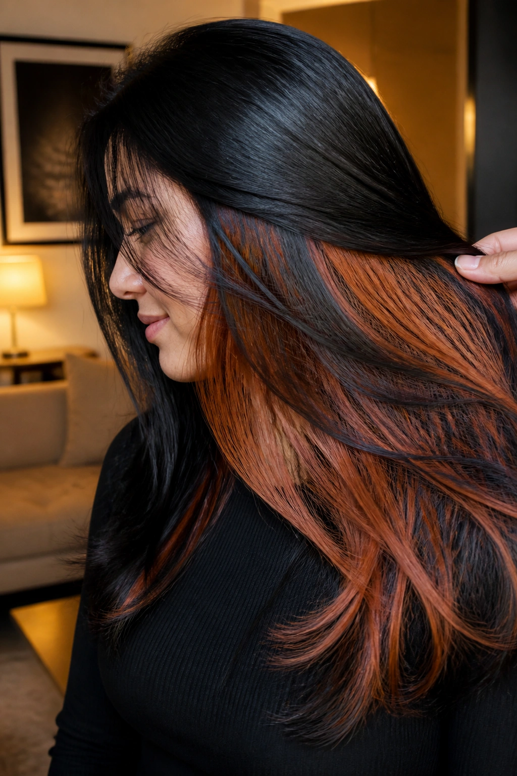 Close-up profile of a real person showing copper peekaboo panels under black hair.