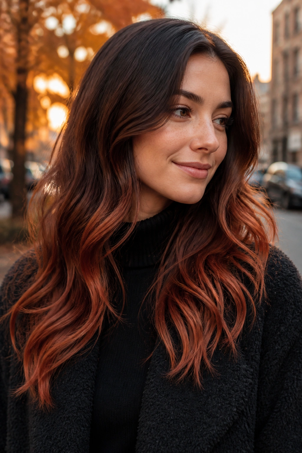 Close-up of brunette hair with copper penny ends in warm sunset outdoor setting