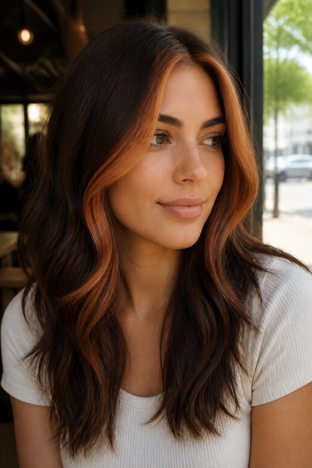 Close-up of brunette with copper penny face frame around the hairline in daylight