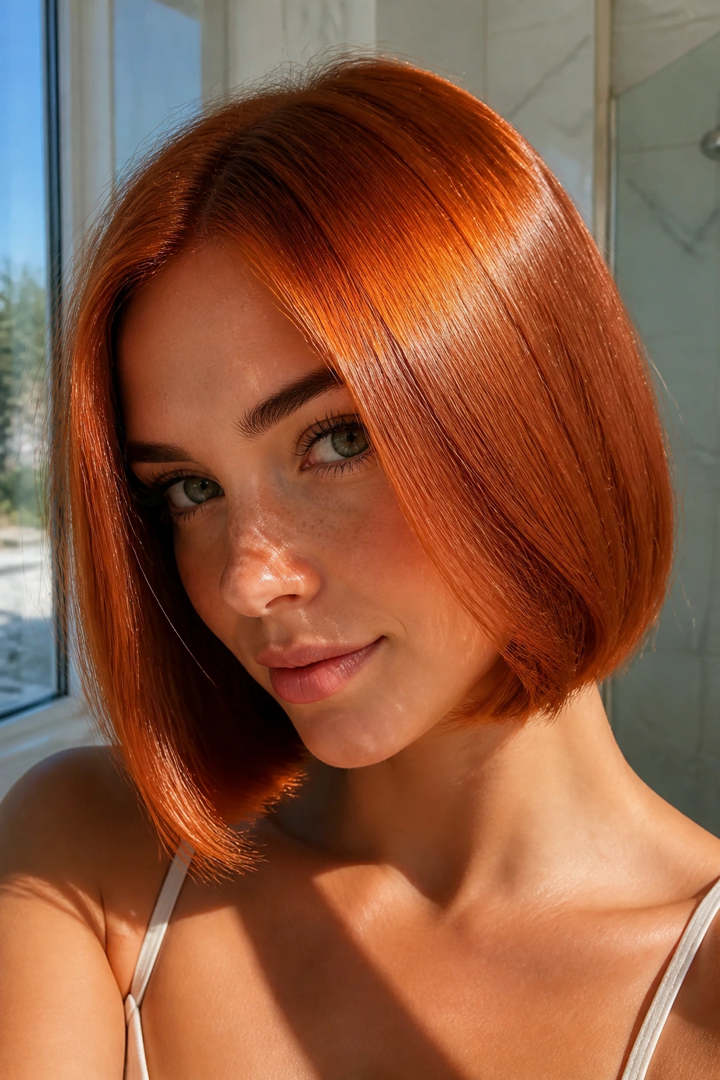 Close-up of a real woman with copper penny gloss hair catching warm light
