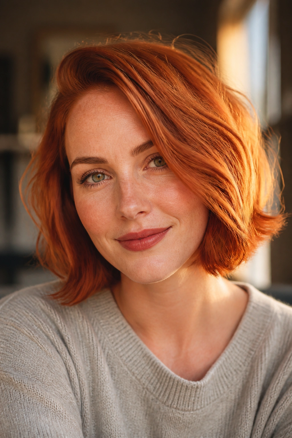 Close-up portrait of a real woman with copper penny hair color, warm lighting.