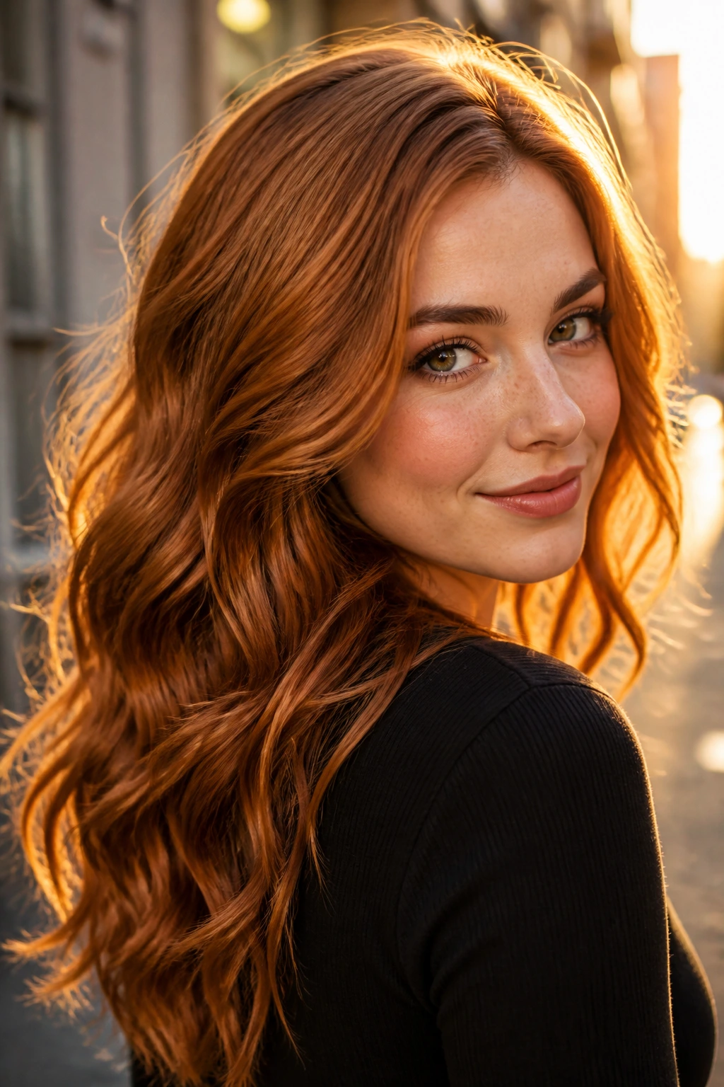 Medium close-up of a real person with copper penny hair filling the frame
