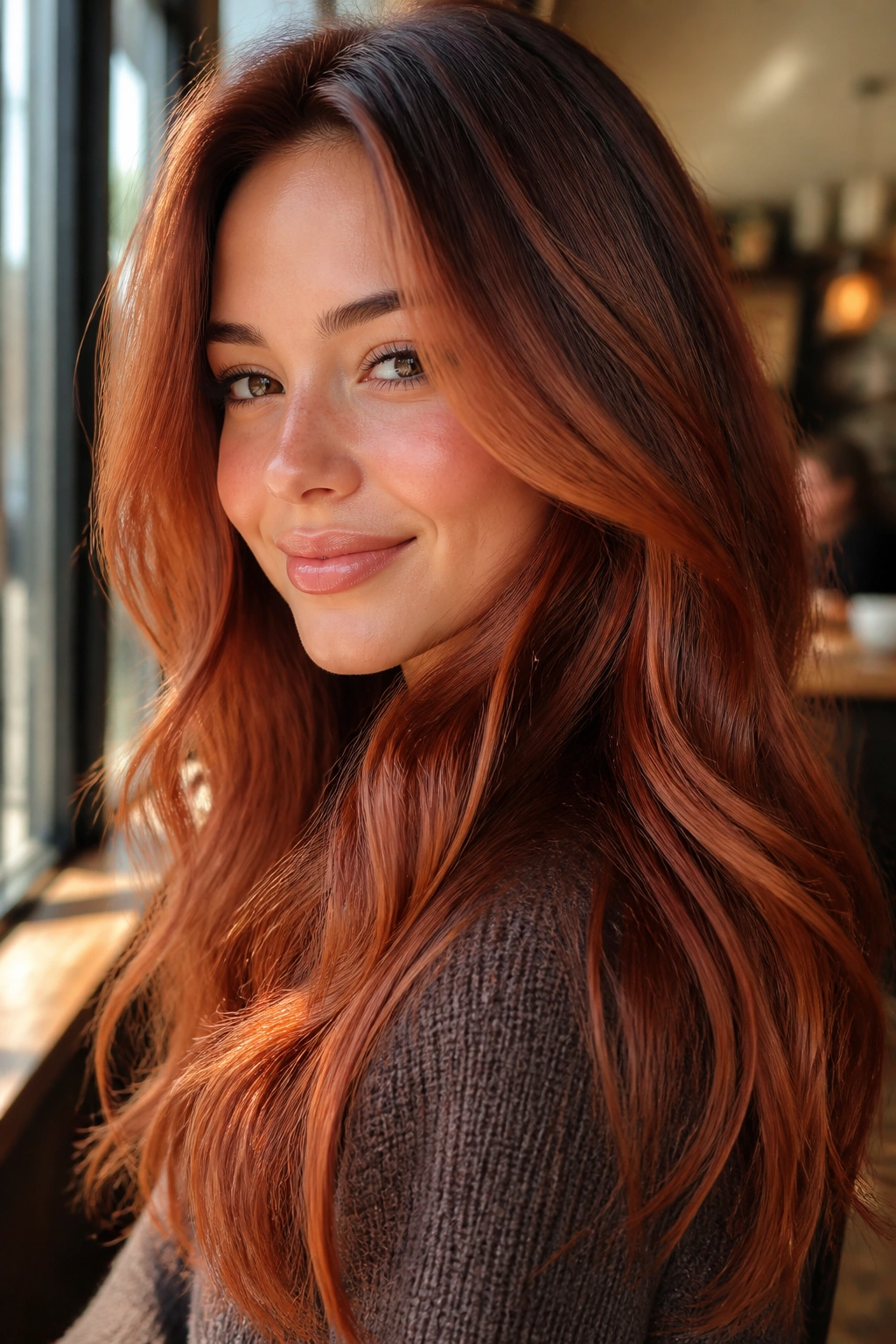Close-up portrait of copper penny hair on a real person in a warm cafe setting