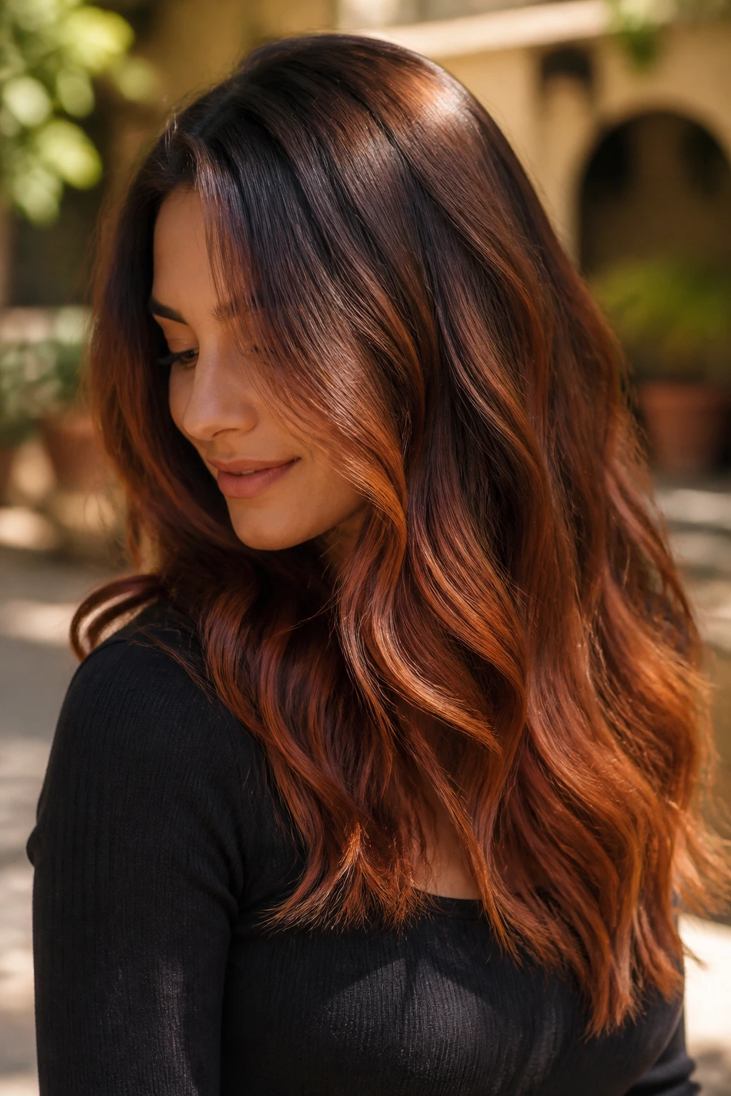 Close-up of real woman with copper penny highlights in warm brown hair