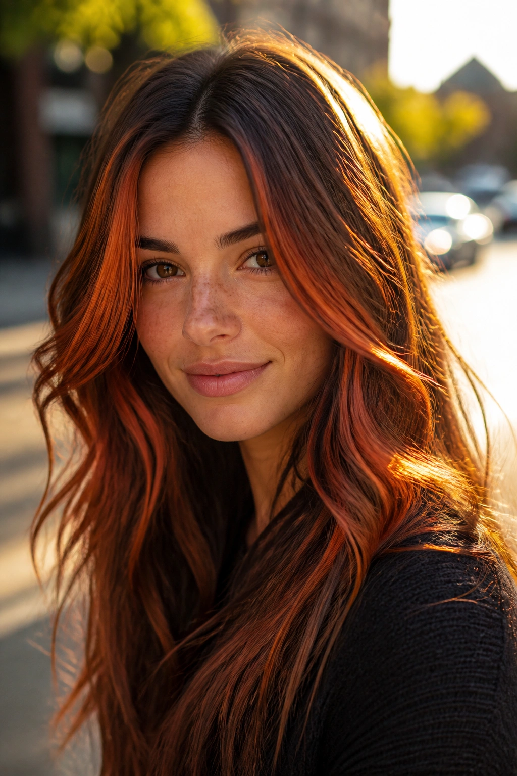 Close-up of a brunette with copper penny slices catching sunlight