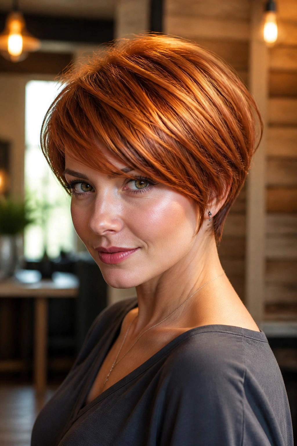 Close-up of real woman with copper pixie bob and warm shine.