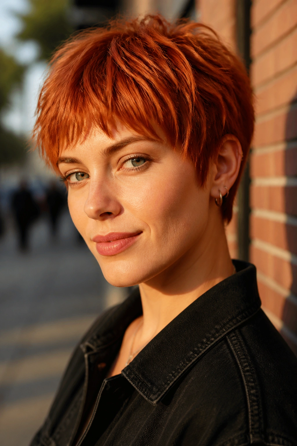 Close-up portrait of a person with copper pixie and choppy bangs in warm light