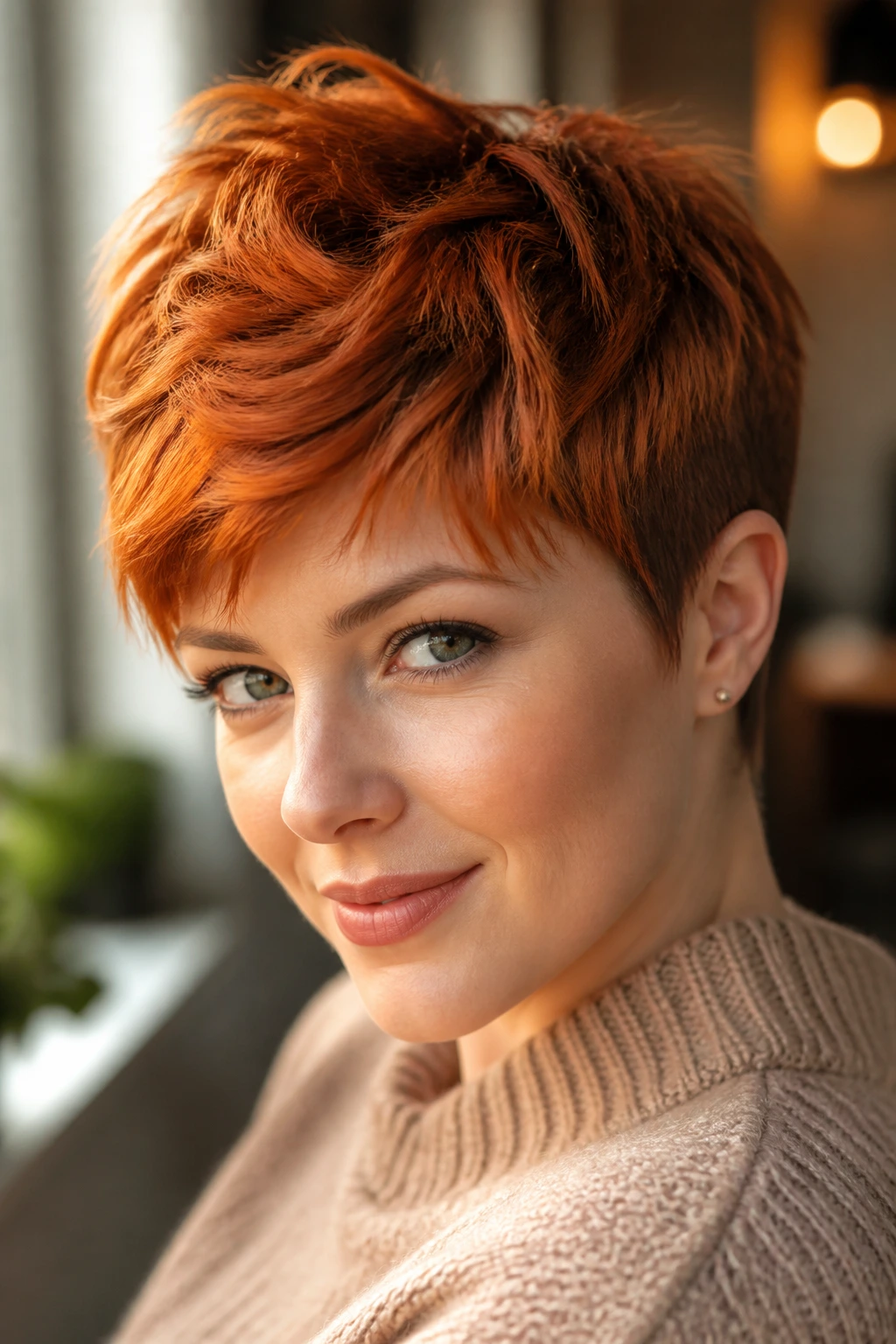 Close-up of a real woman showing a copper pixie cut under warm window light