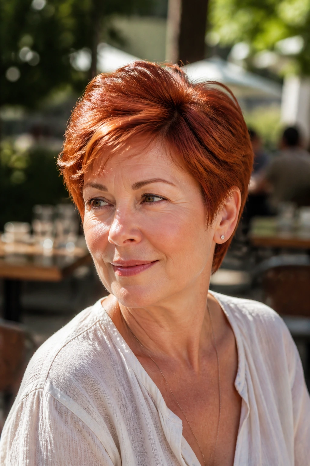 Close-up of a real woman with Copper Pixie With Soft Volume showing warm copper color and lifted crown