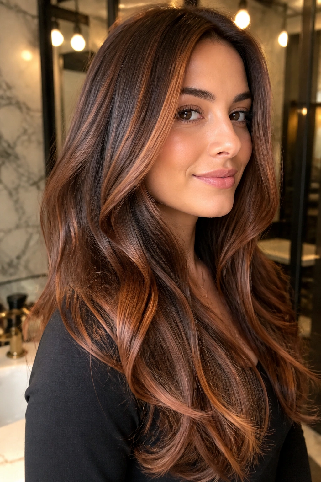 Real woman with copper ribbon highlights on long hair