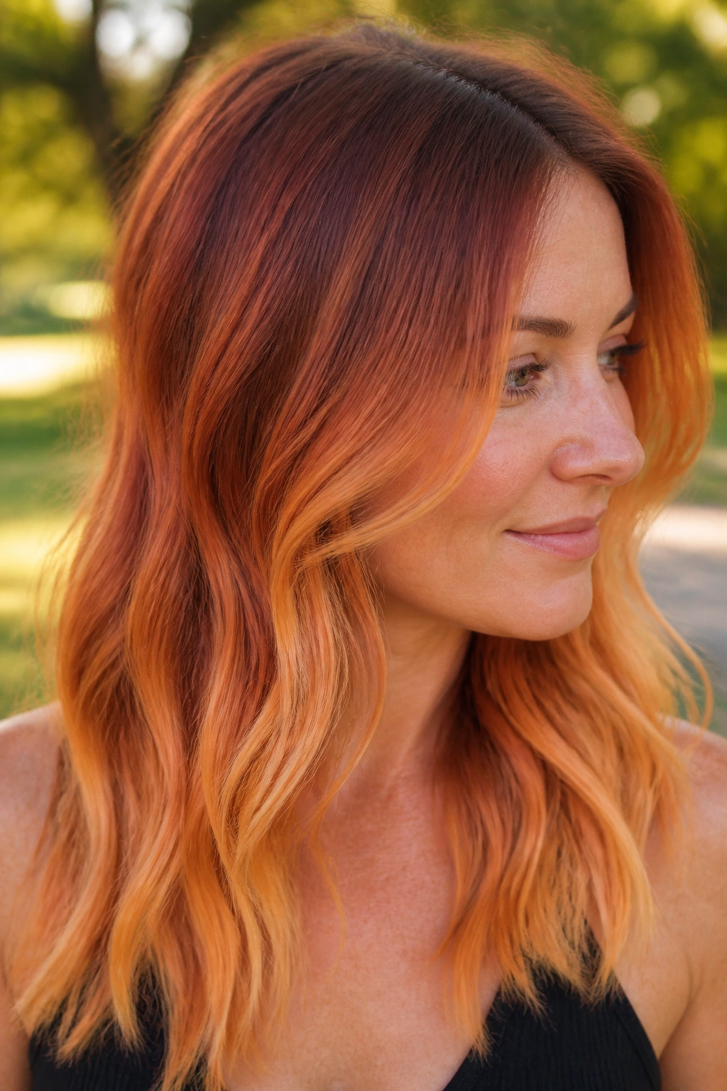 Close-up portrait of copper shadow root with apricot ends