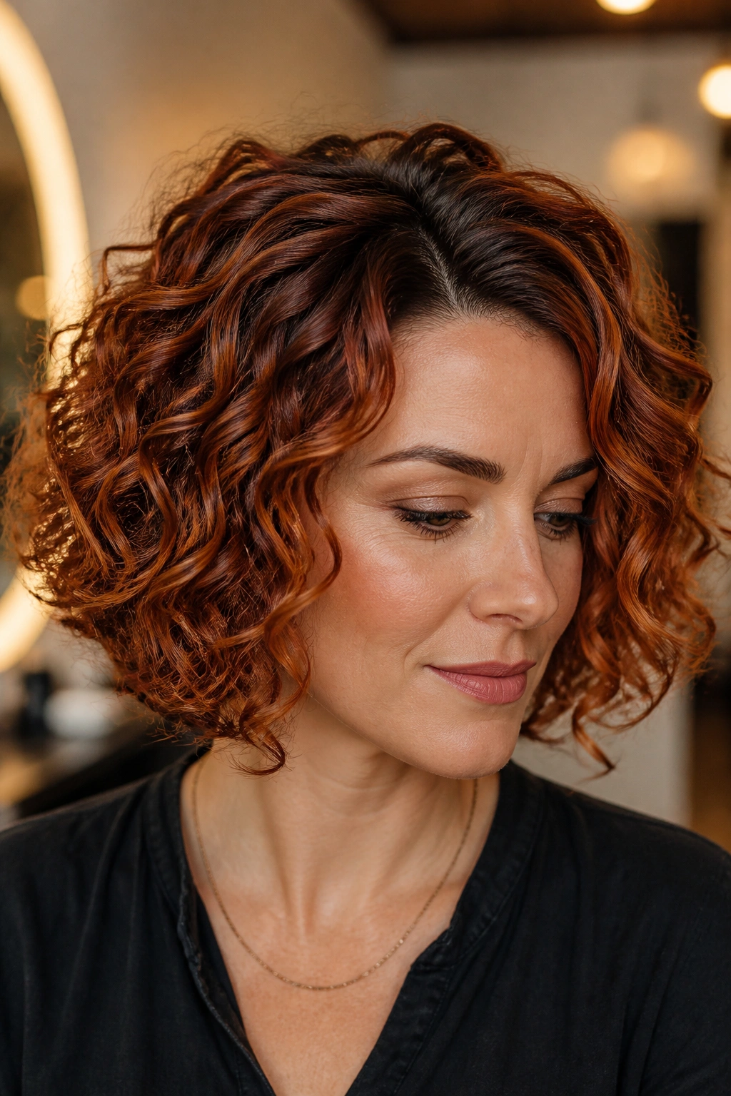 Close-up of a real woman with curly bob and copper shadow root showing auburn-brown base and copper ribbons