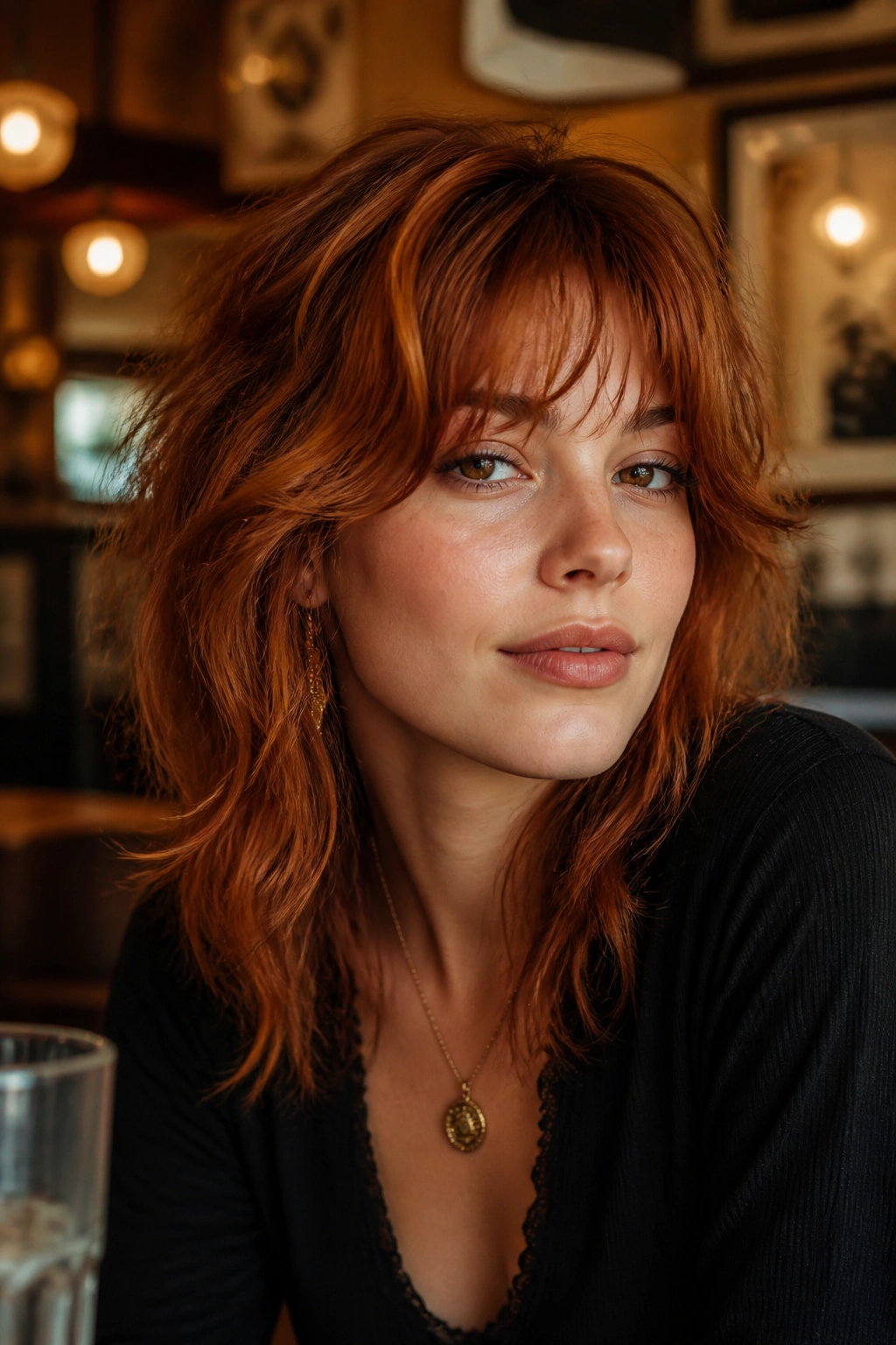 Portrait of a person with copper boho shag and wispy fringe in warm cafe interior.