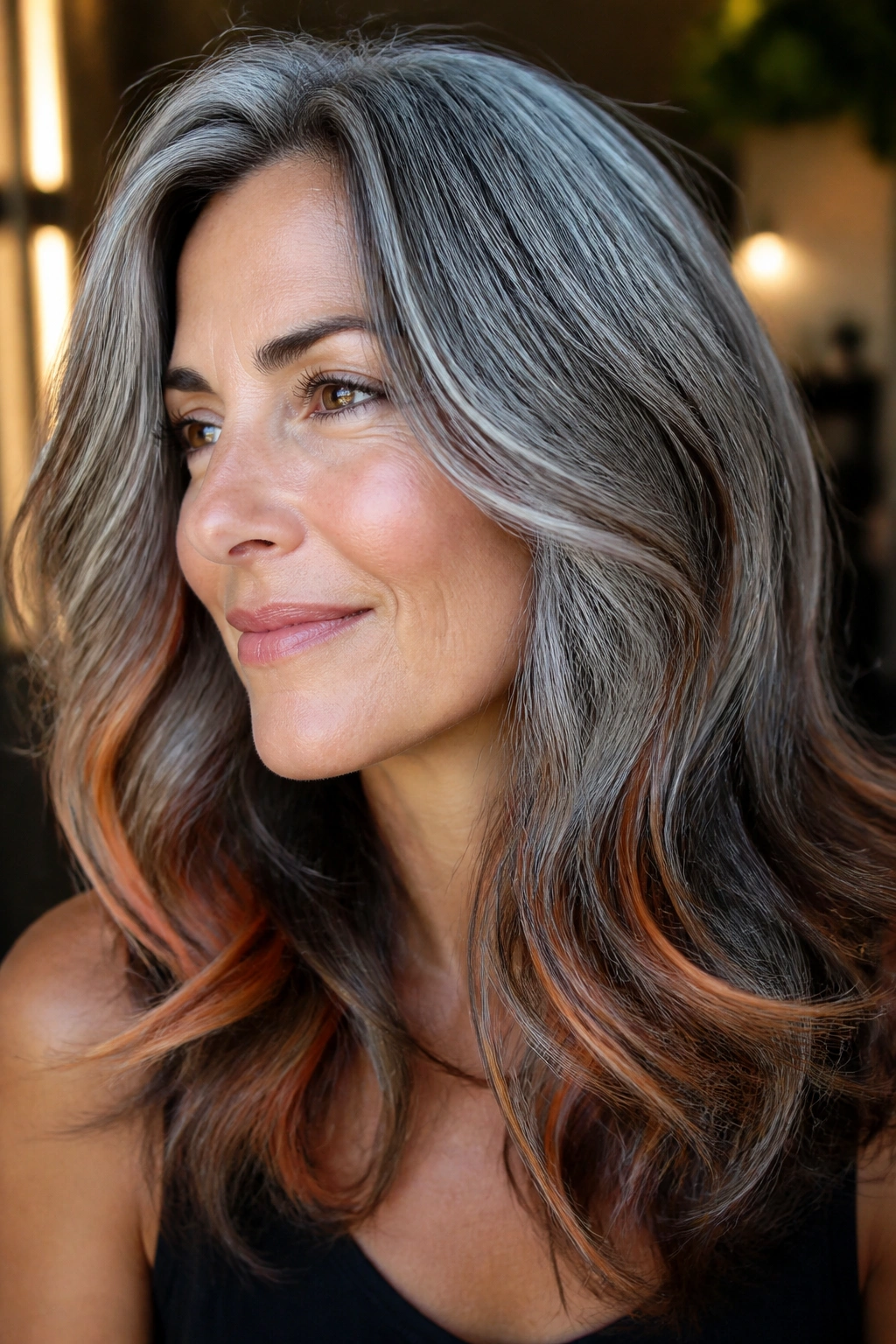 Real woman with copper and silver contrast in salt-and-pepper hair, copper ribbons under the ends.