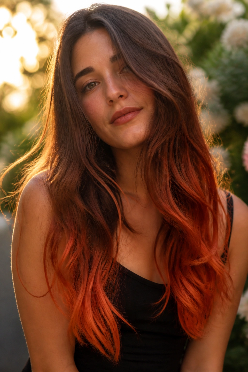 Close-up of a real woman with copper strawberry glaze on the ends