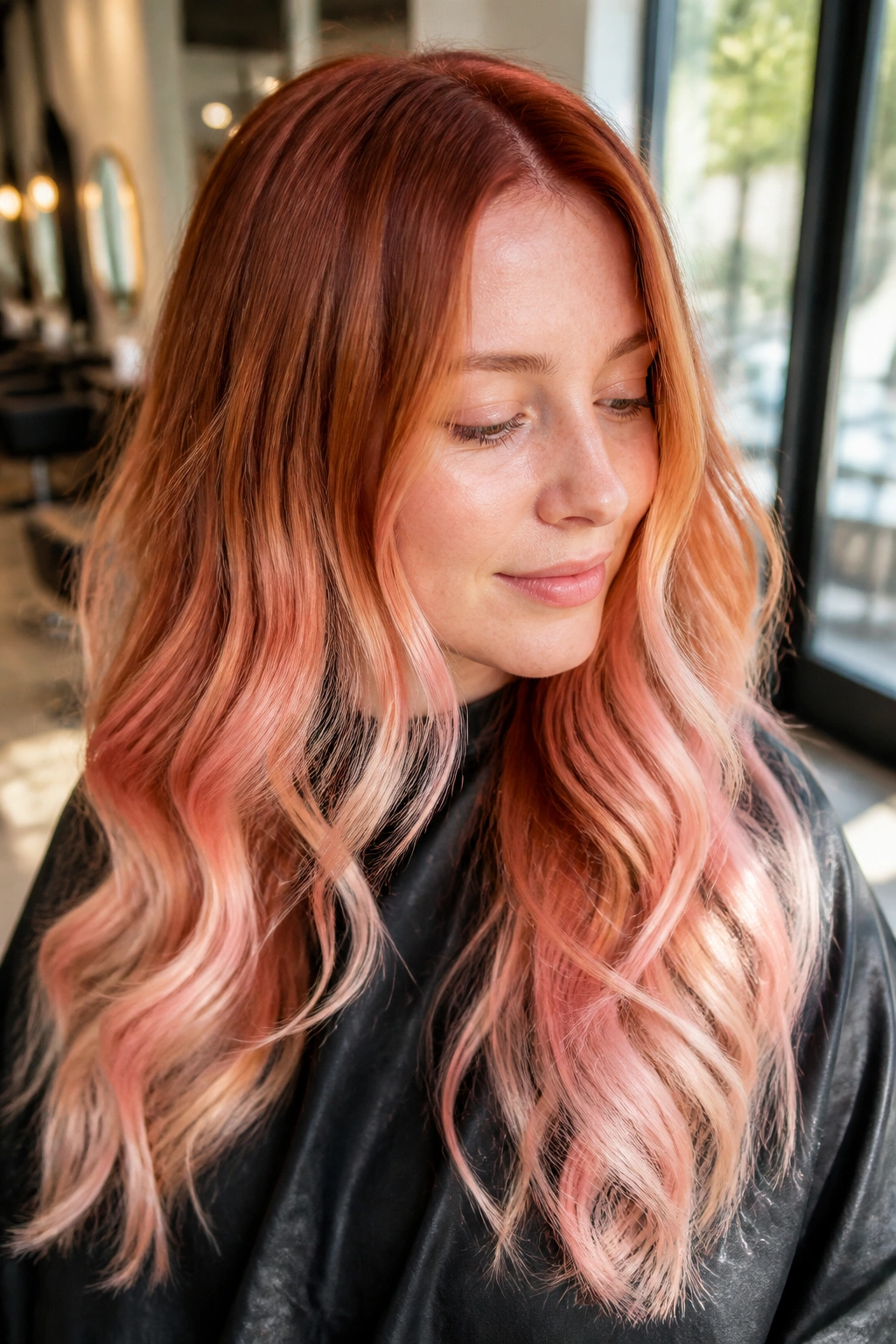 Close-up of a real woman's copper-to-strawberry-cream ombre hair, warm glossy fade.