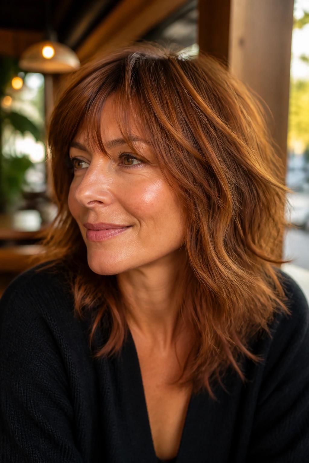Portrait of a woman with copper-toned shag hair in warm cafe light