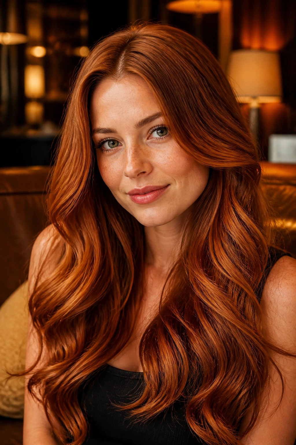 Real woman with glossy copper velvet hair in a warm-lit lounge.