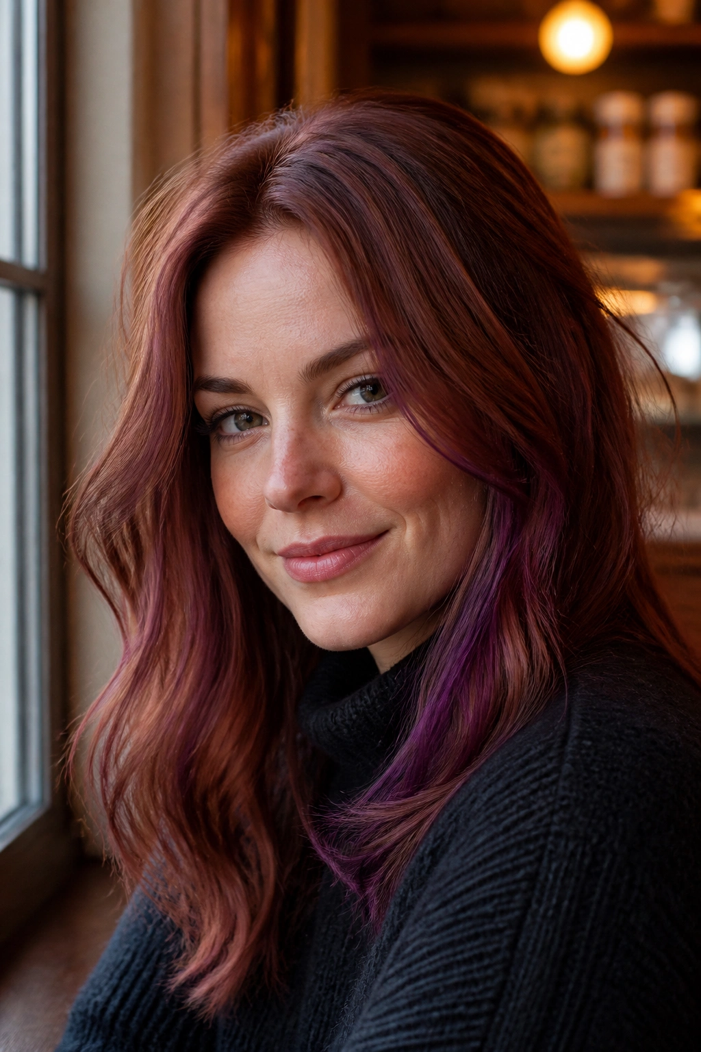Close-up of cool copper hair with violet glaze on a real person