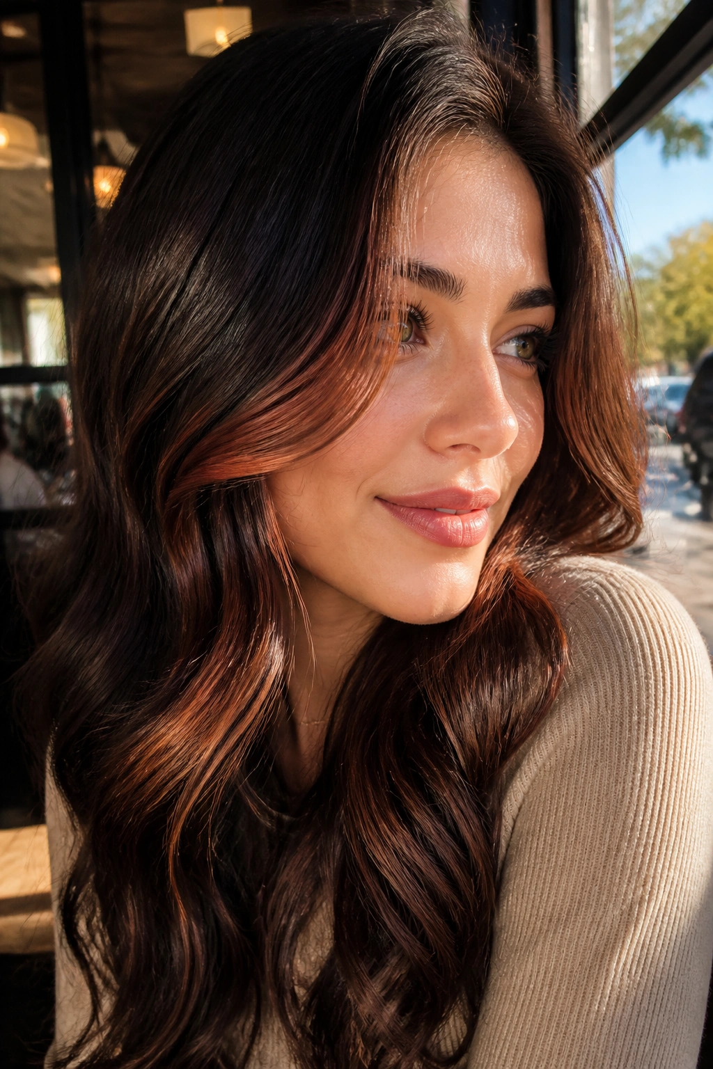 Brunette hair with copper whisper highlights near the face frame