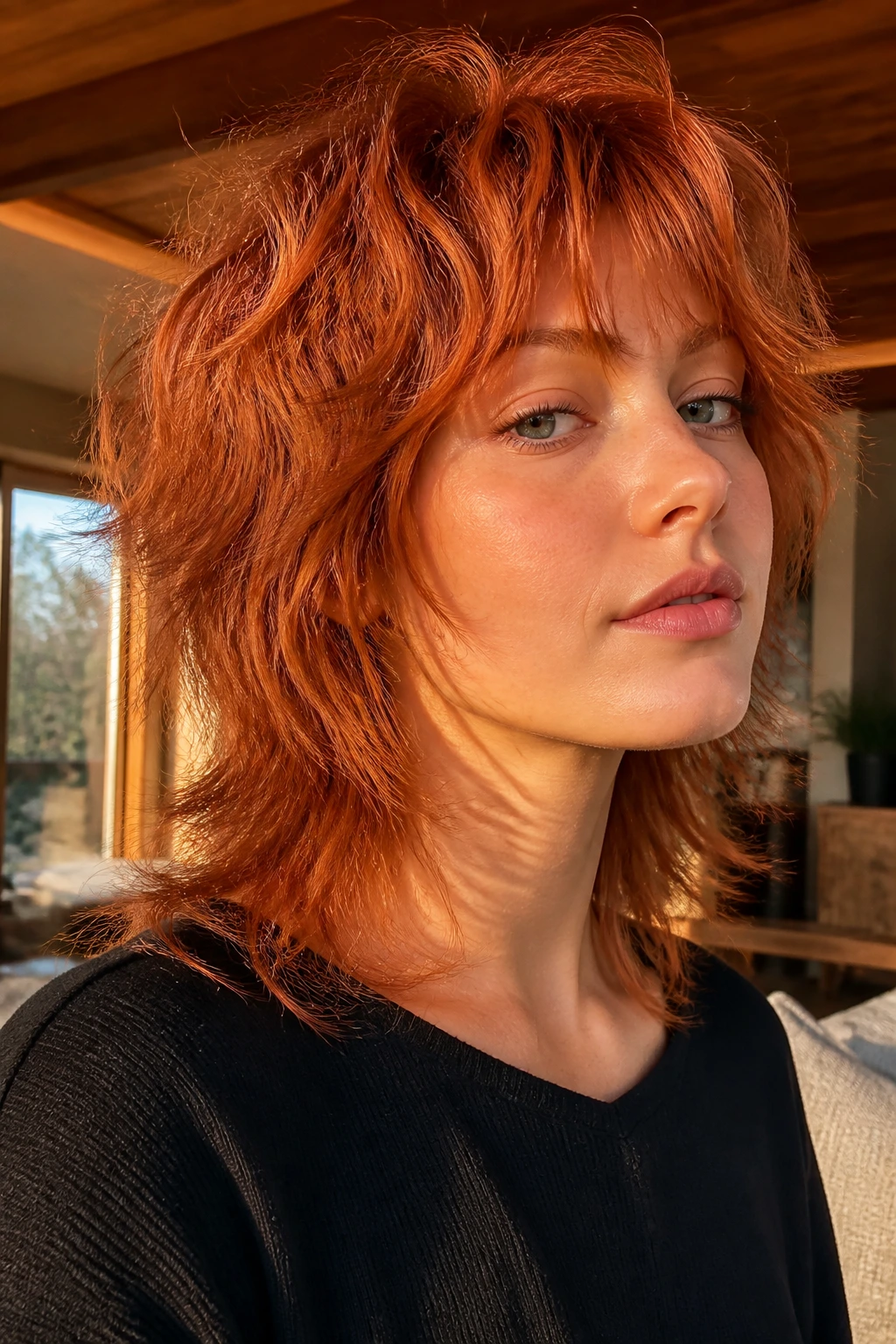 Close-up of real woman with copper messy wolf cut.