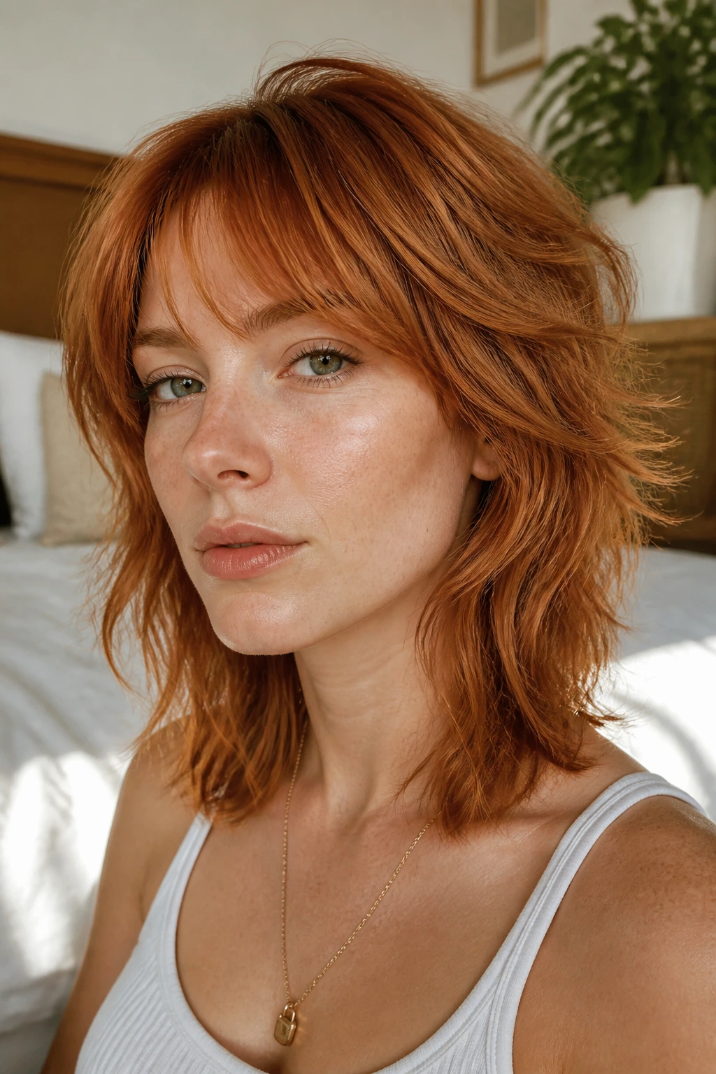 Close-up portrait of a real person with copper wolf cut on fine hair in bright light