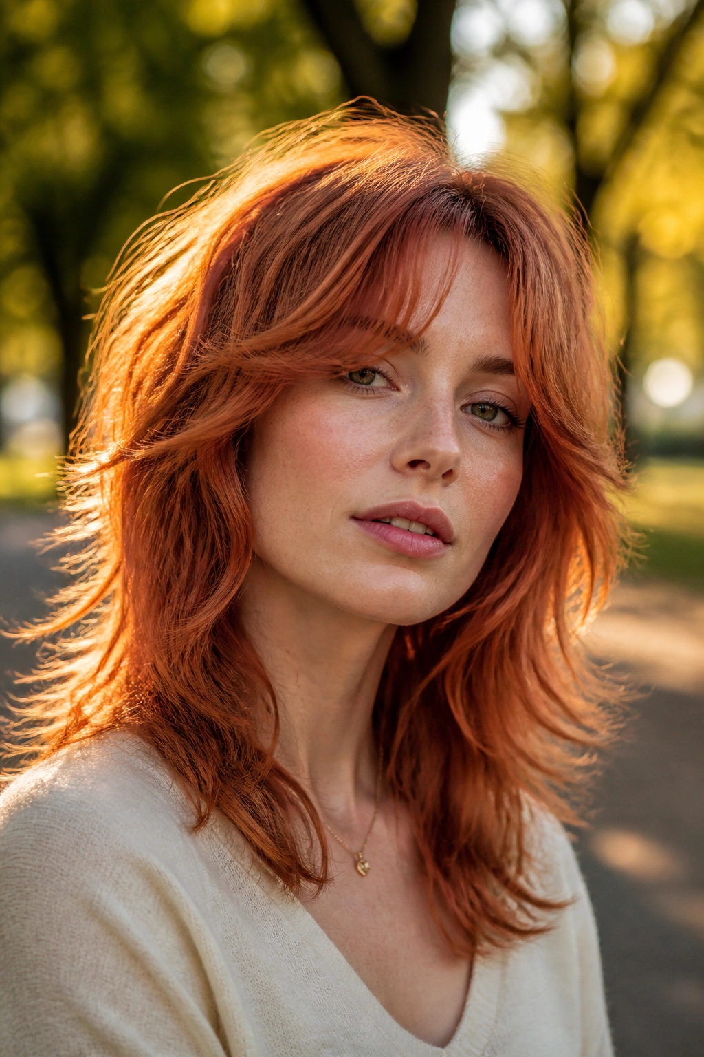 Close-up portrait of a real woman with copper wolf cut and airy curtain bangs.