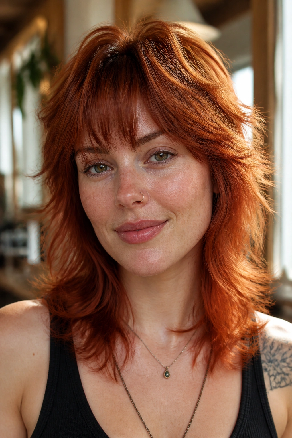 Close-up portrait of a real person sporting a copper wolf cut with soft crown layers, warm highlights on the hair.