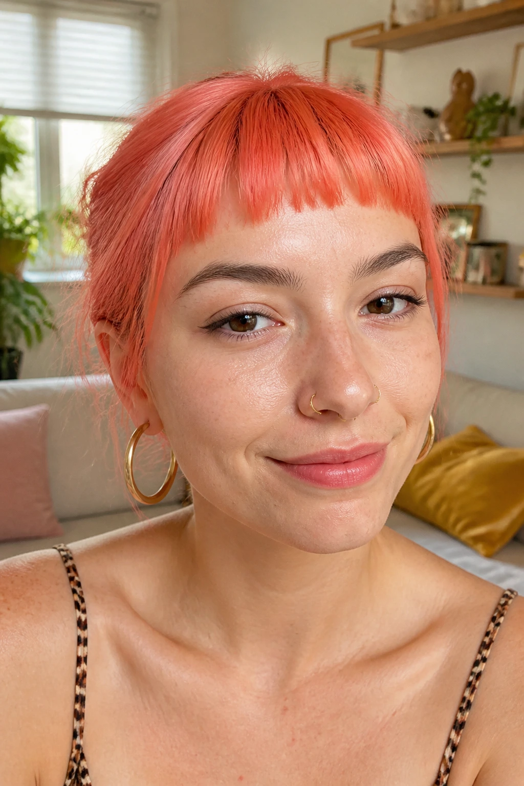 Close-up of coral baby bangs on a real person in a sunlit room