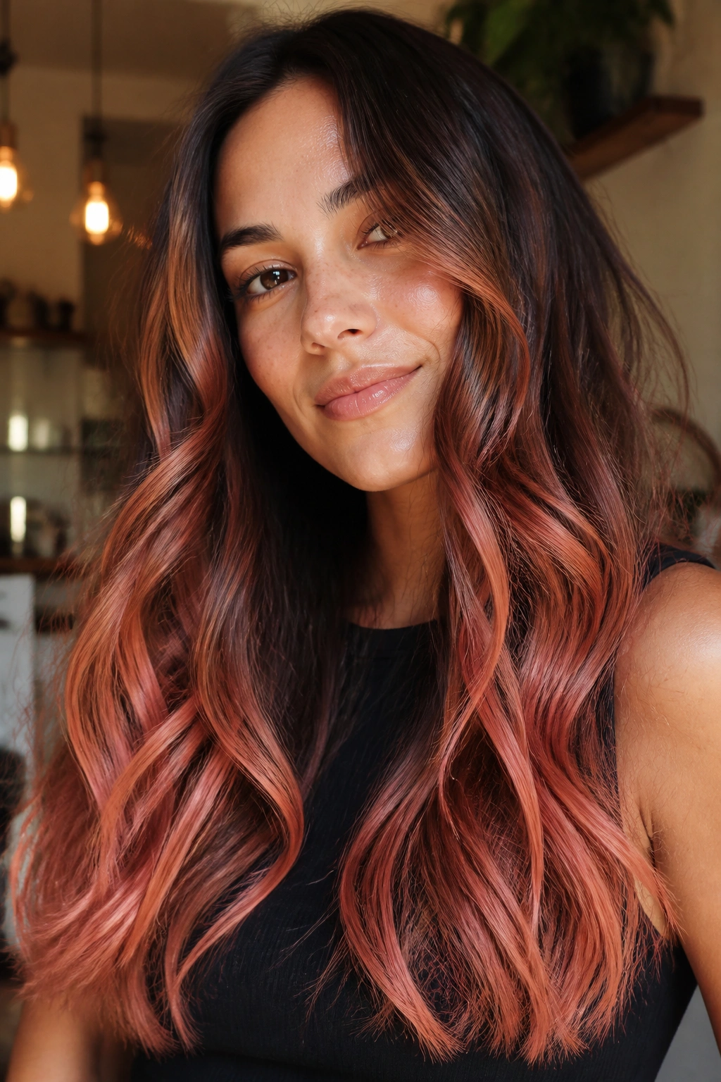 Close-up of brunette hair with coral-tinted ends and warm depth.