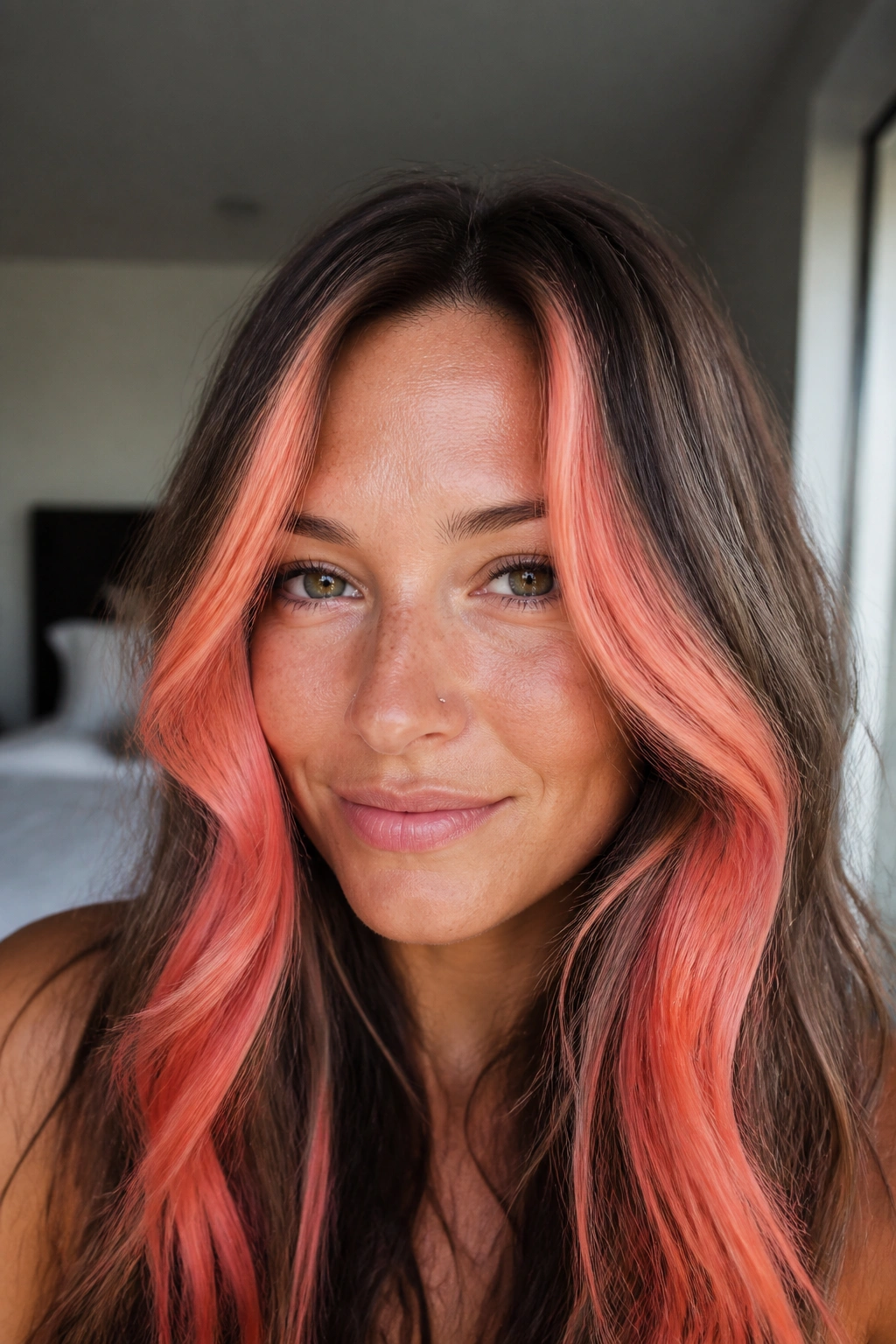 Close-up of a real woman with coral face-framing highlights around the cheeks in natural window light