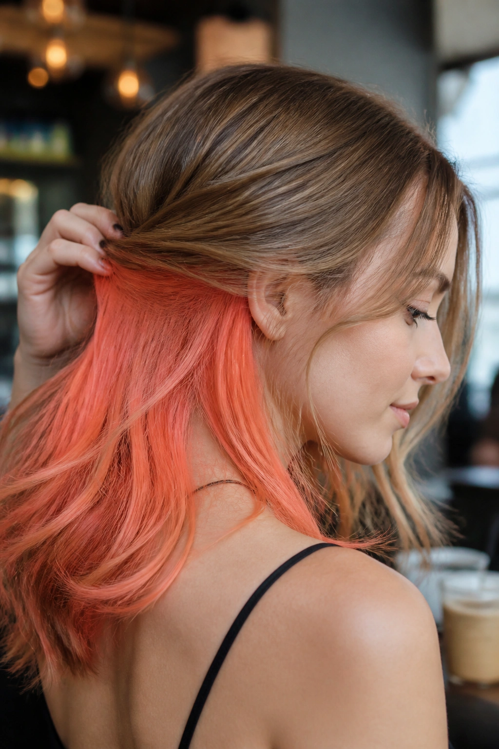 Close-up of a real woman's hair showing coral underlayer peekaboo