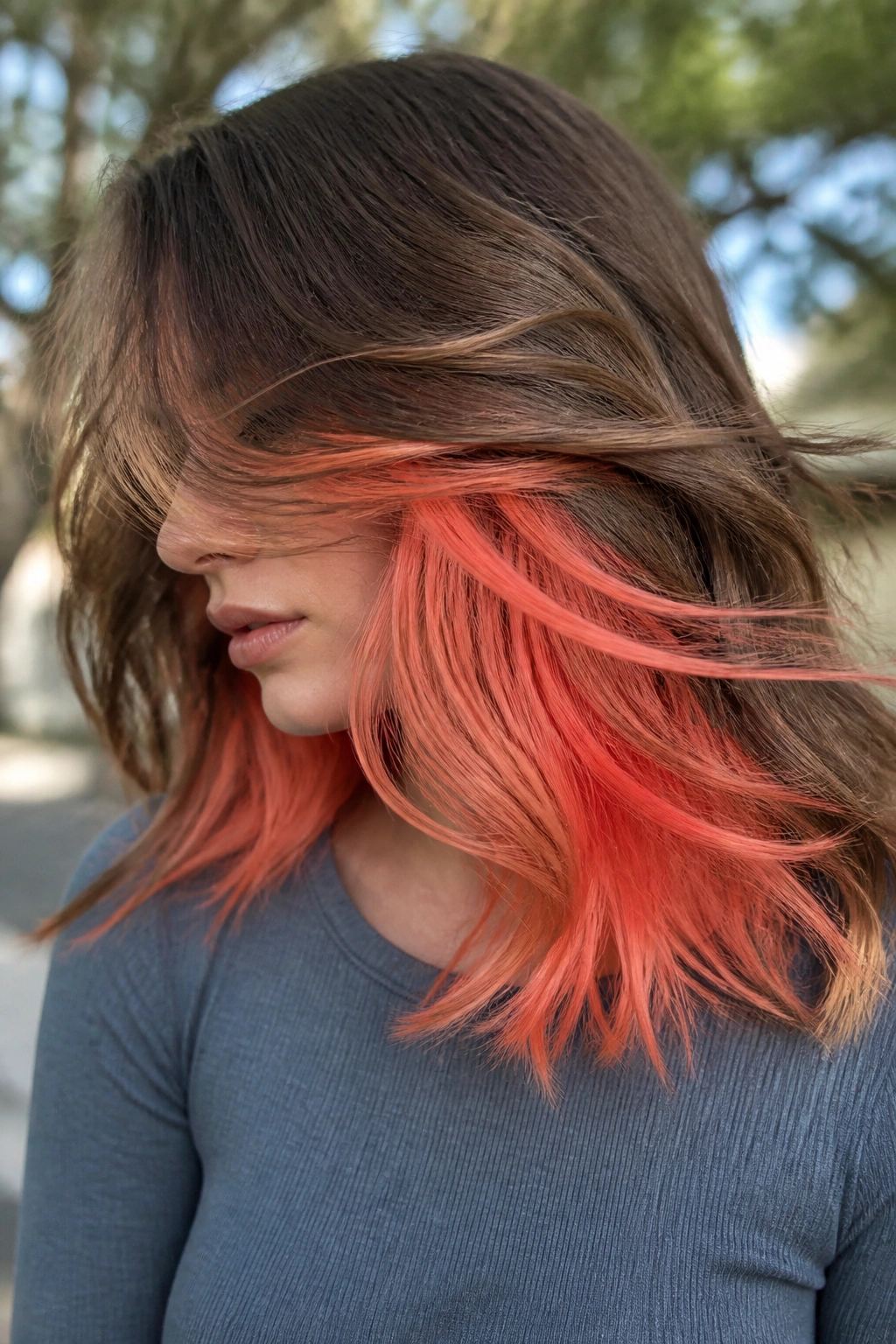 Portrait of a person with coral underlights visible beneath natural top color
