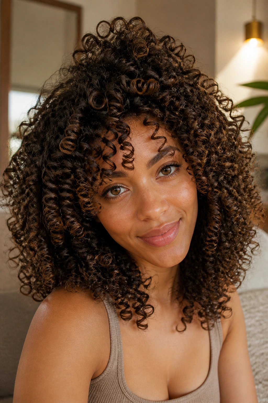 Close-up of a real person with layered corkscrew curls and crown lift