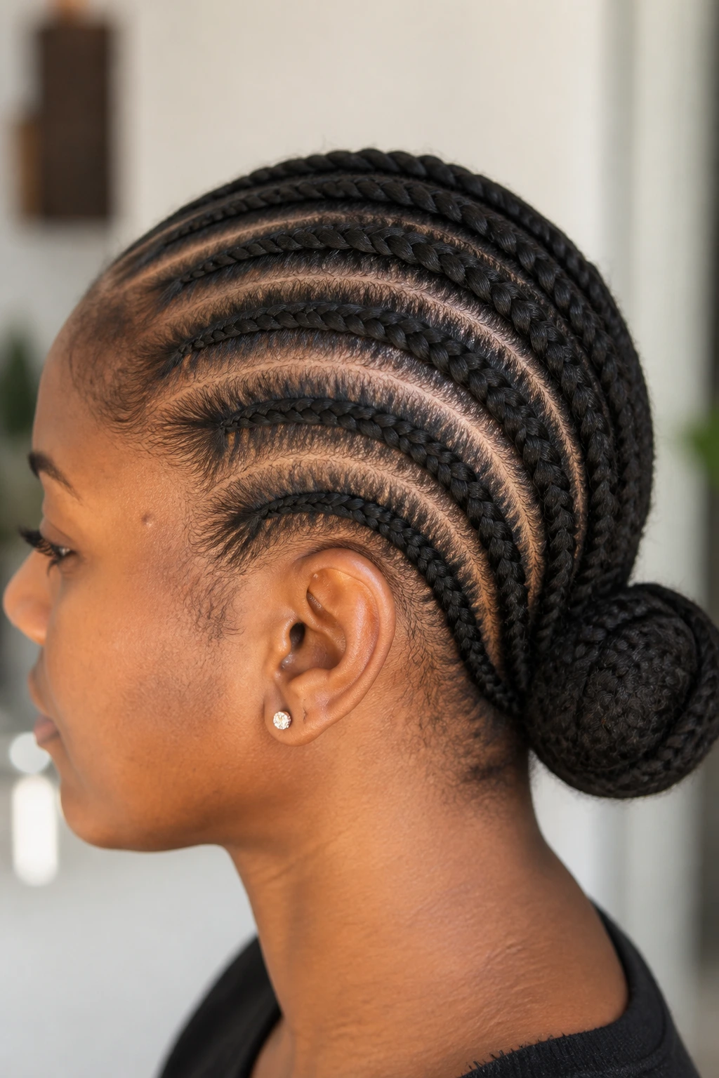 Close-up profile of real person with cornrow bun hairstyle