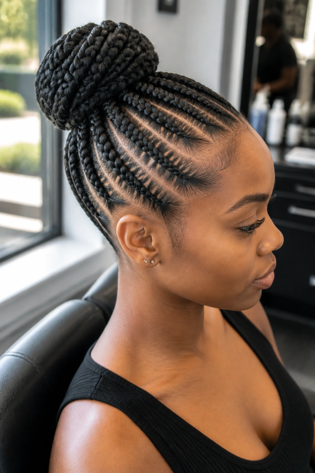Cornrow-to-bun protective style close-up on real head with neat scalp braids into a bun