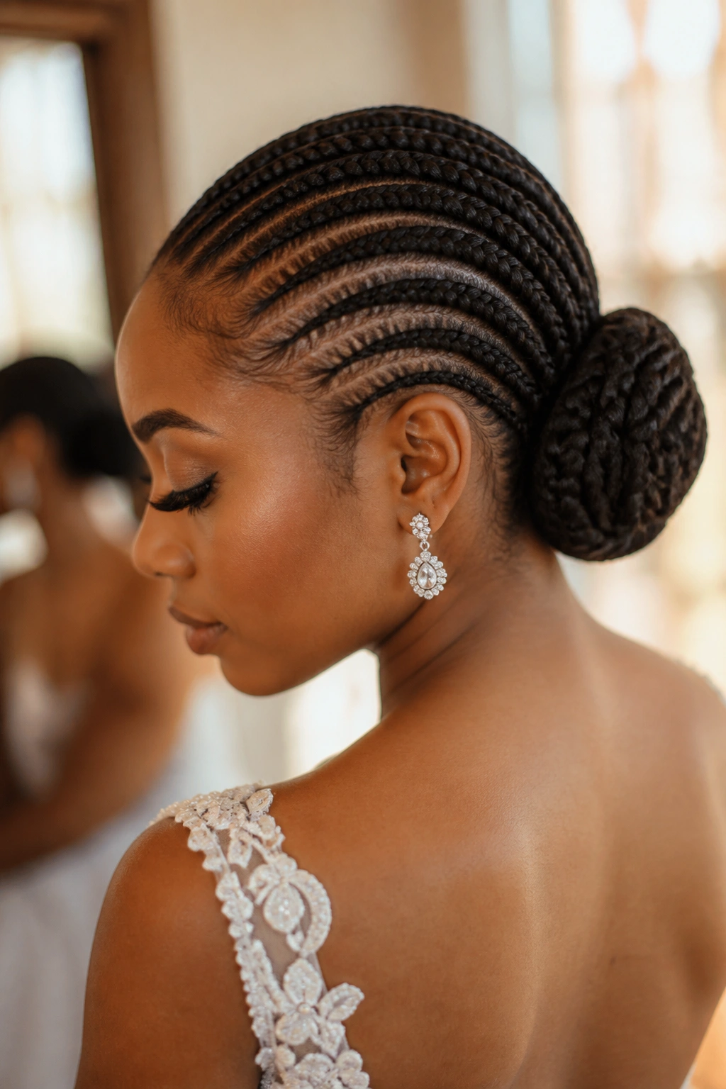 Close-up portrait of a real woman wearing a cornrow chignon with a bun at the nape.