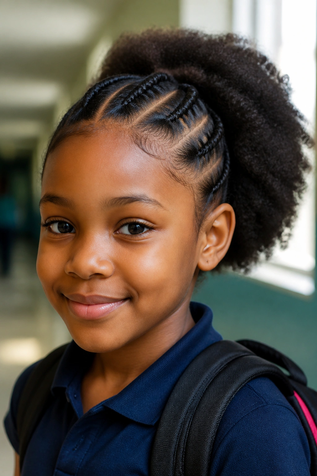 Close-up portrait of a real girl with cornrow front and puff back hairstyle in a school hallway