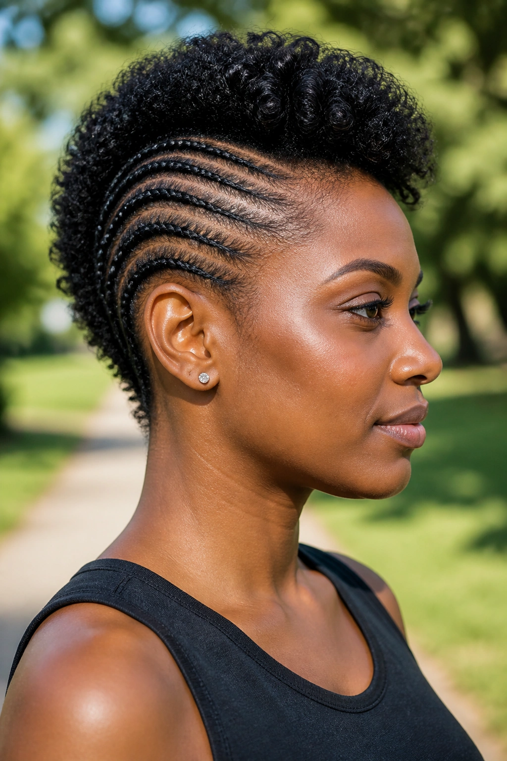 Profile portrait of a Black woman with cornrows along the sides and a central Mohawk outdoors.