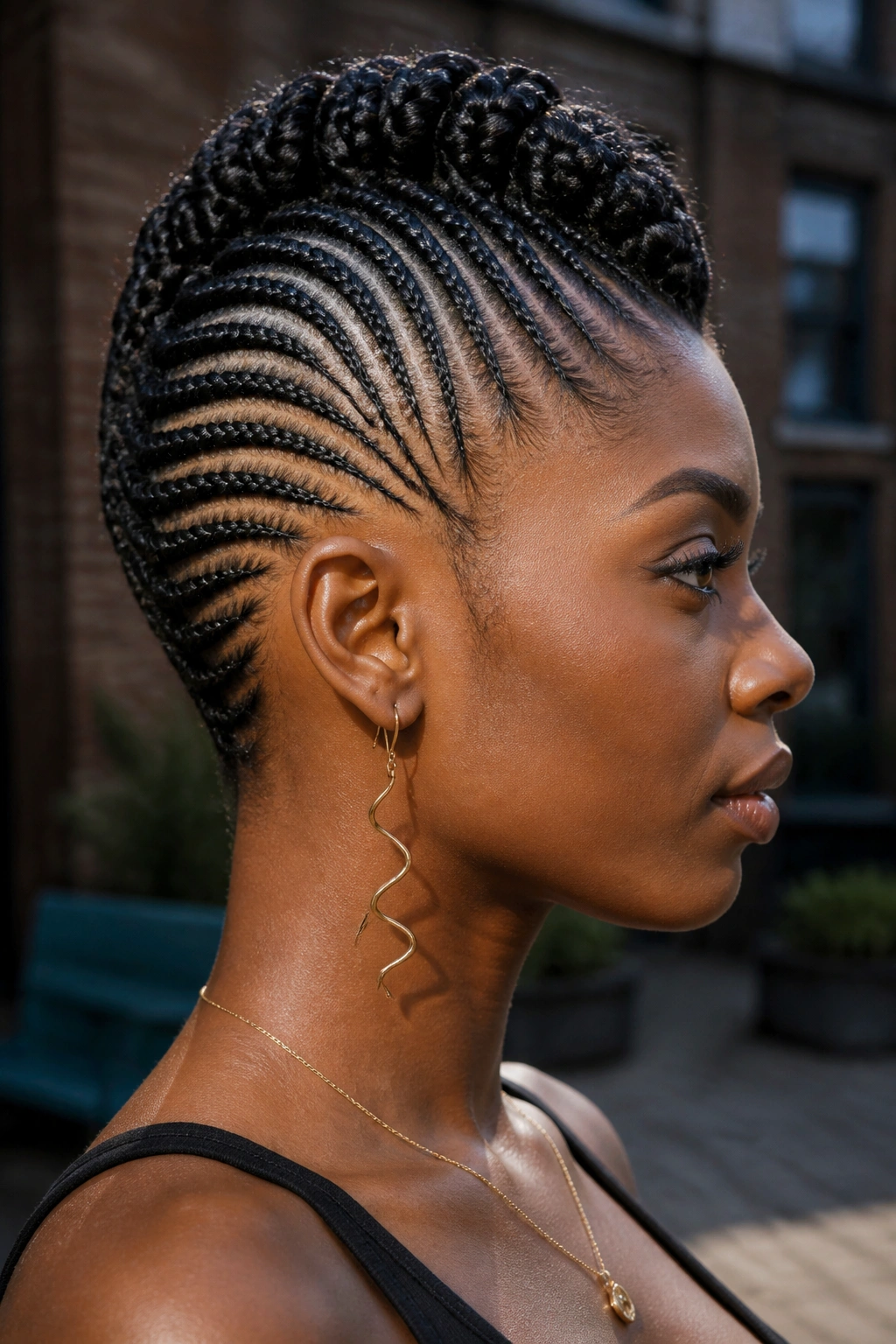 Real woman with a bold cornrow mohawk outdoors
