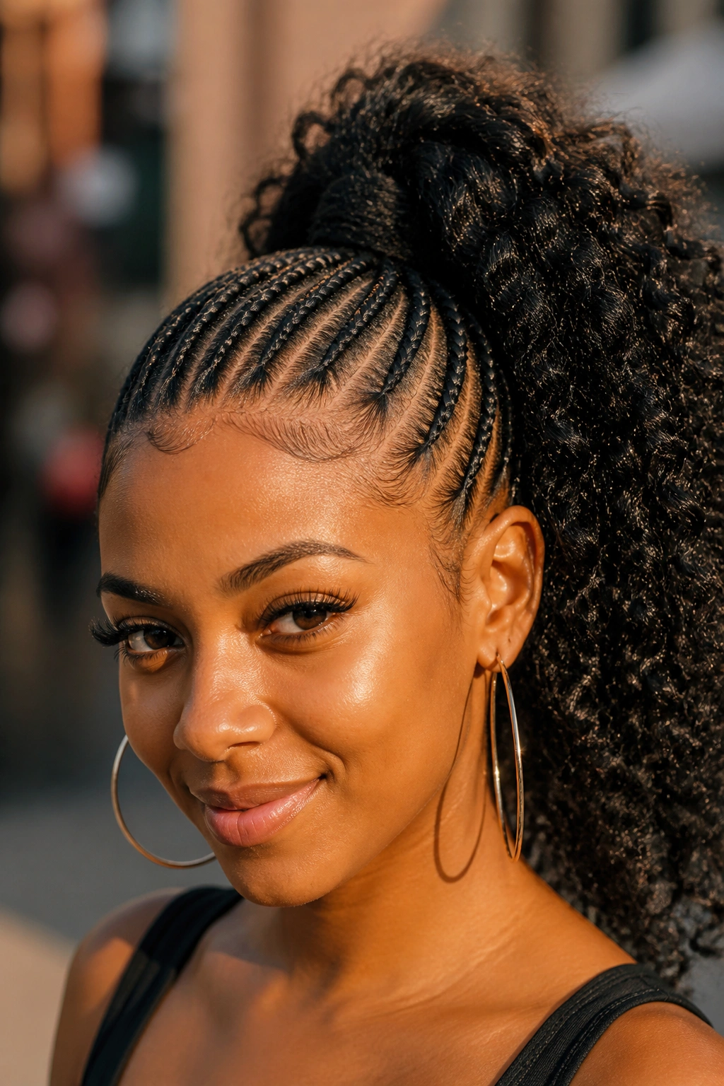 Real woman with cornrow ponytail and full curly tail showing movement.