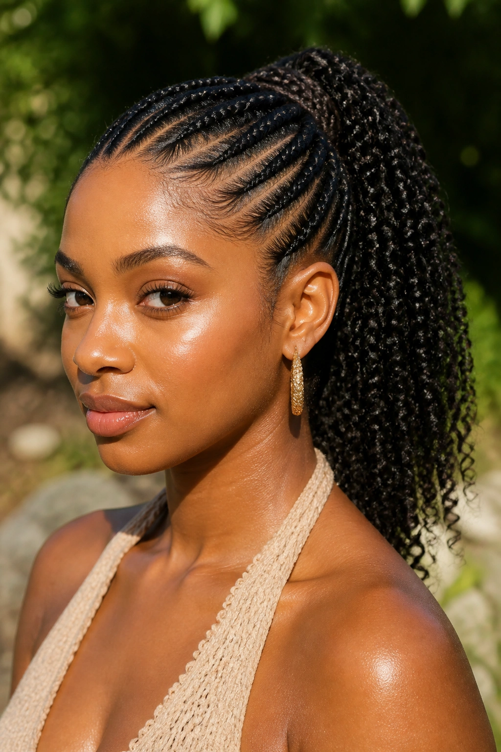 Close-up of real woman with cornrow ponytail and curly ends in warm outdoor light.